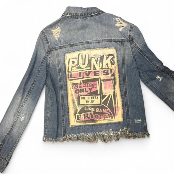Jackets & Blazers - Distressed Punk Denim Jacket | Grunge Band Patch Streetwear Bold Alt Frayed